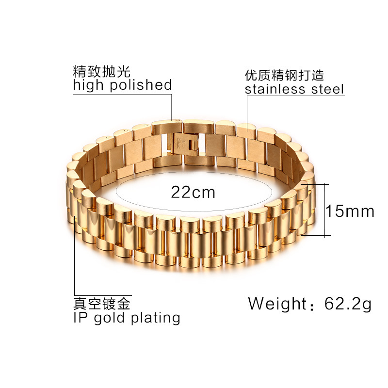 BC Classial Fashion Gold President Strap Bracelet Hiphop Watchband Design Men Jewelry Vintage Stainless Steel Bracelet