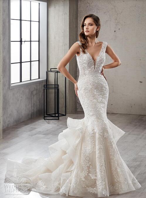 Eddy K 2019 Mermaid Wedding Dress Upscale Custom Made V Neckline Lace Applique Backless Bridal Gowns Tiered Wave Detailed Tulle Sweep Train