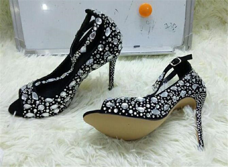 New Fashion Women Pointed Toe Black Nude Rhinestone Pumps Ankle Strap Crystals Beads High Heels Wedding Shoes Dress Shoes