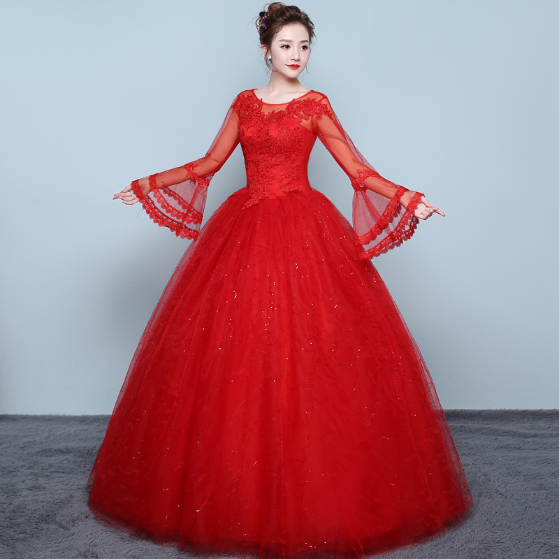 New Fashion Classic Romantic Red Ball Gown Wedding Dress 2018 New Illusion Lace Long Flare sleeve Custom Plus Size Bridal Dress