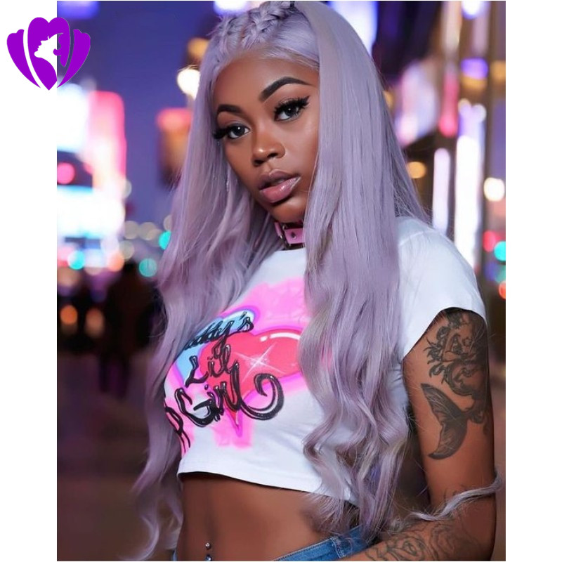 Long Purple Wig Cosplay body wave Pure color Synthetic Heat resistant Light Purple Lace Front Synthetic wigs for women
