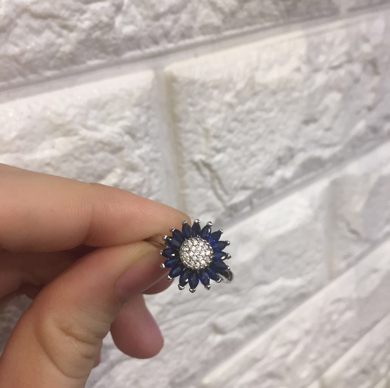 Marquise Blue Sapphire CZ Dia Claw Suower Sier Eternity Wedding Band Ring