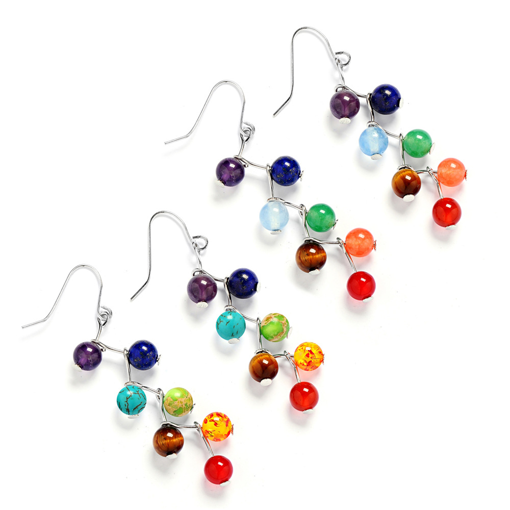 Fashion Healing Chakra 7 Rainbow Round Natural Stone For Women Vintage Yoga Bead Jewelry Long Drop Colorful Dangle Earrings Boho