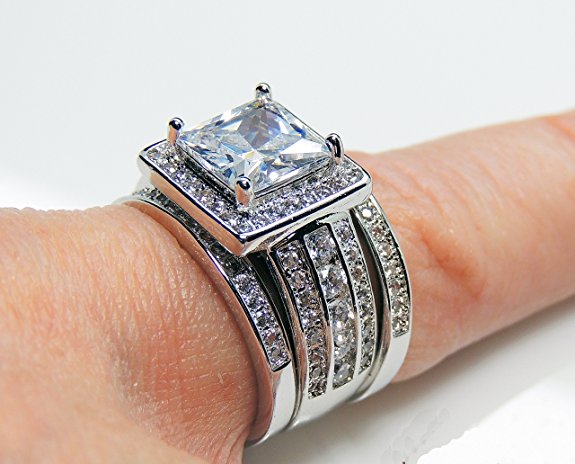 Stunning 10KT White Gold Filled Princess Cut Topaz CZ Dia 3-in-1 Ring Set for Women (Size 5-10)