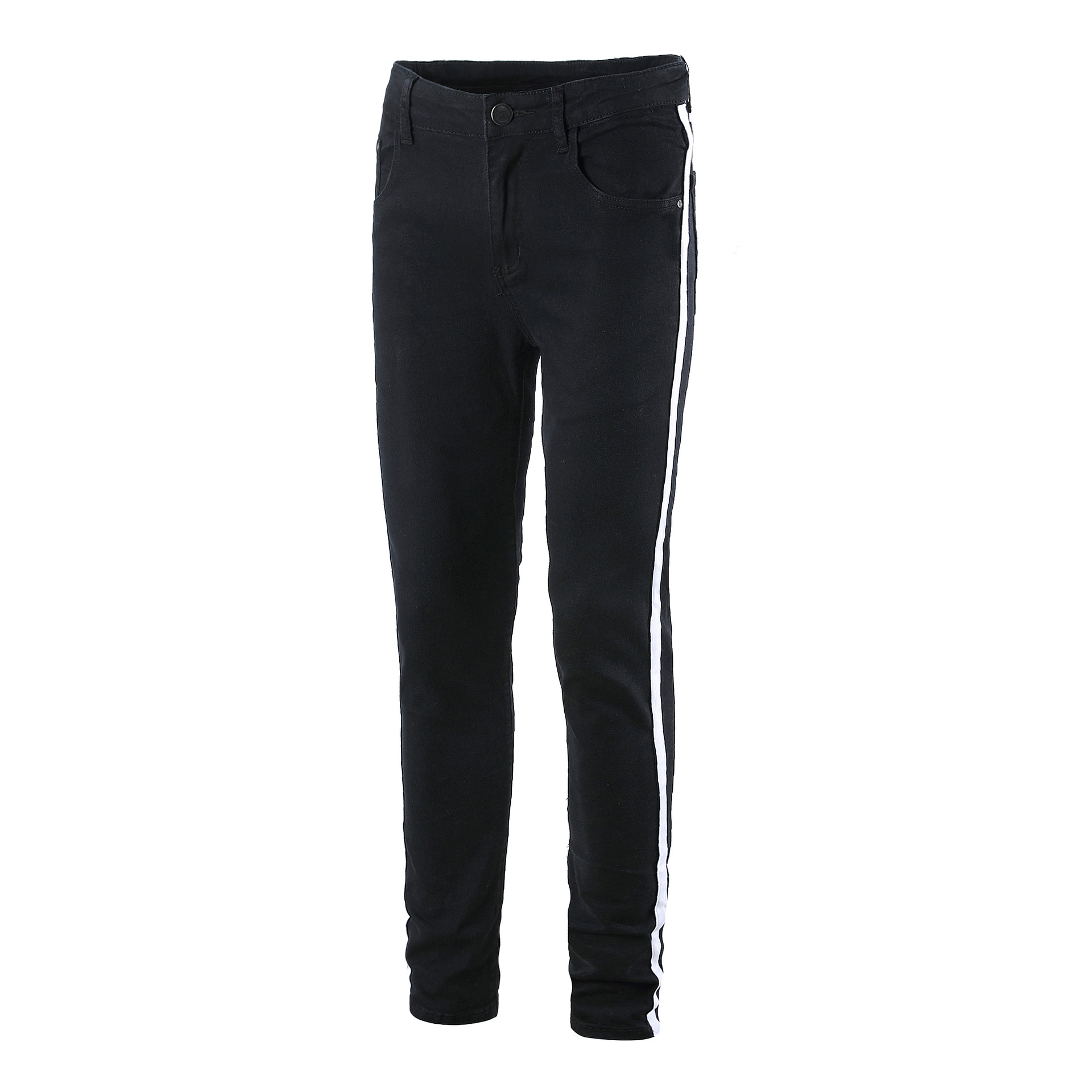Mens Side Striped Black Jeans Elastic Long Pencil Pants Ripped Hiphop Style Holes