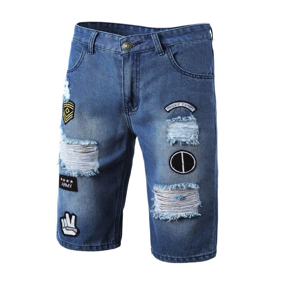 HOT 2018 Fashion Casual Men's affixed cloth embroidery patch hole high street beggar stretch denim hip hop shorts