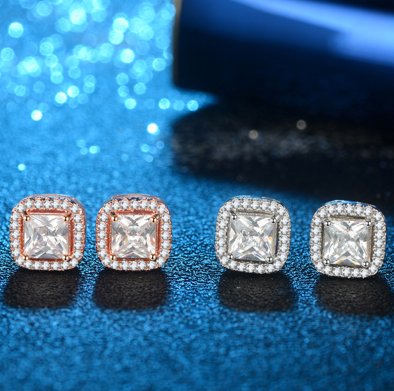 Sparkg 4-Claw Princess CZ Stud Earrings in Sier & Gold Fill for Women