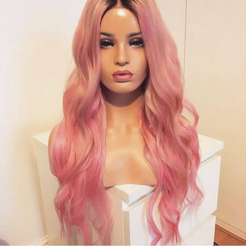 Long Wavy Simulation Human Hair wig 180% Density Glueless Heat Resistant Synthetic Lace Front Wig With Baby Hair Ombre pink Wigs For Women