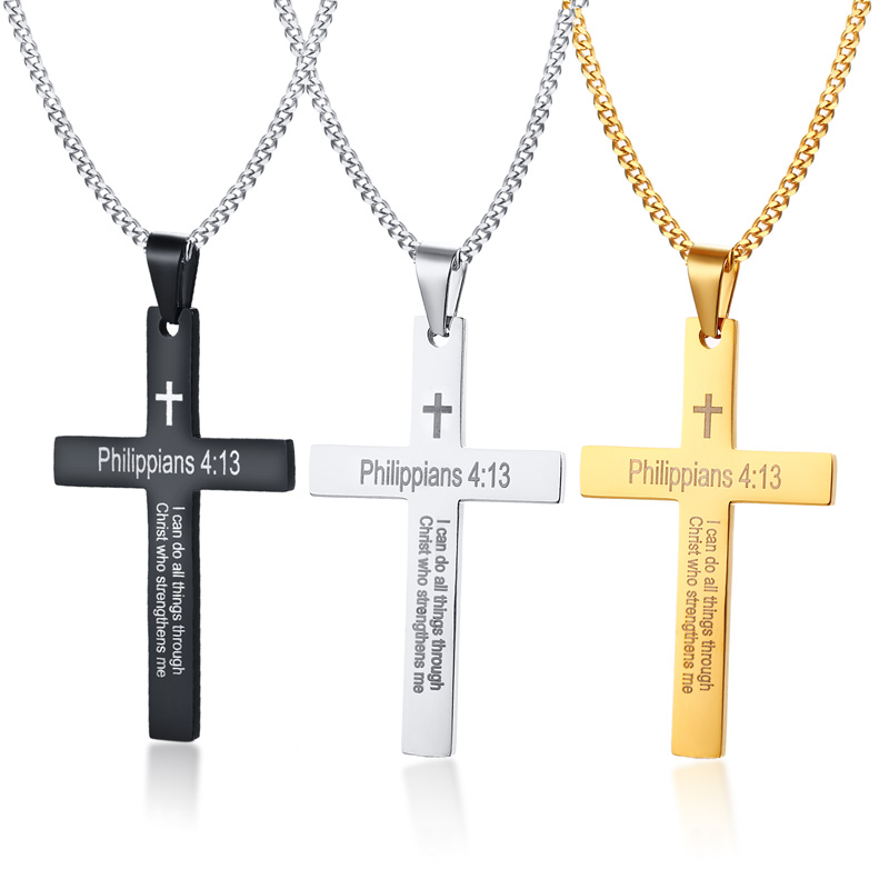 Philippians 4:13 STRENGTH Bible Verse Cross Pendant Necklace in Stainless Steel