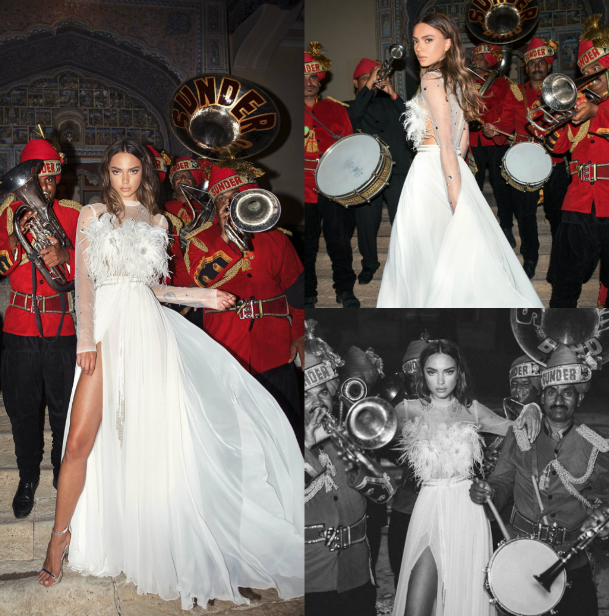 Lior Charchy A Line Wedding Dresses Jewel Neck High Slit Feather Wedding Gowns Long Sleeve Boho Bridal Dress Custom