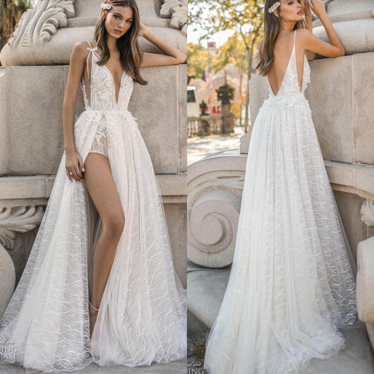 Berta A e Beach Dresses Spaghetti Lace Appliqued Side Split Sweep Train Boho Wedding Dress Plus Size Graden Bridal Gowns