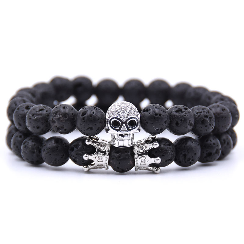 Couple black matte agate lava beads crown zircon skeleton 8 mm beaded bracelet (2 pieces)