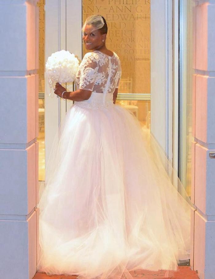 Wedding Jumpsuit Beach Dresses with Detachable Train See Through Lace Bodice Plus Size Nigerian African Bridal Gowns