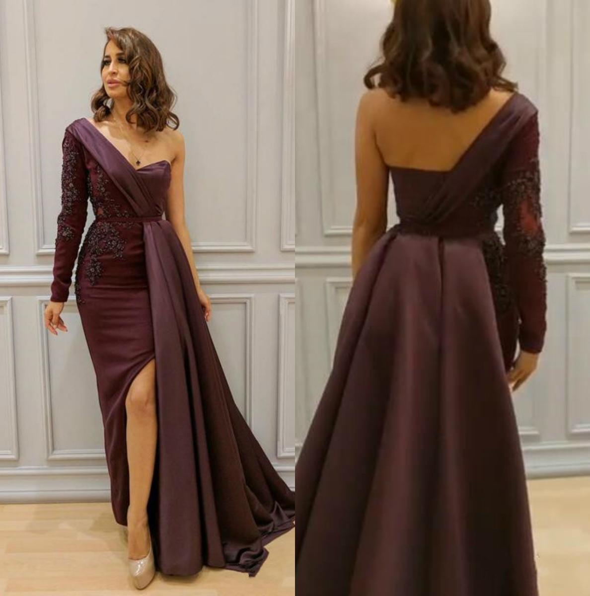 One Shoulder Formal Dress Evening Sheath Vestidos De Fiesta Sexy High Split Bury Prom Dresses With Sleeves Es Es
