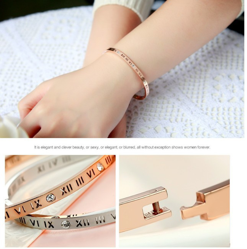 Roman numerals hollow stainless steel bracelet fashion 18K rose gold diamond bracelet titanium steel hollow ladies bracelet