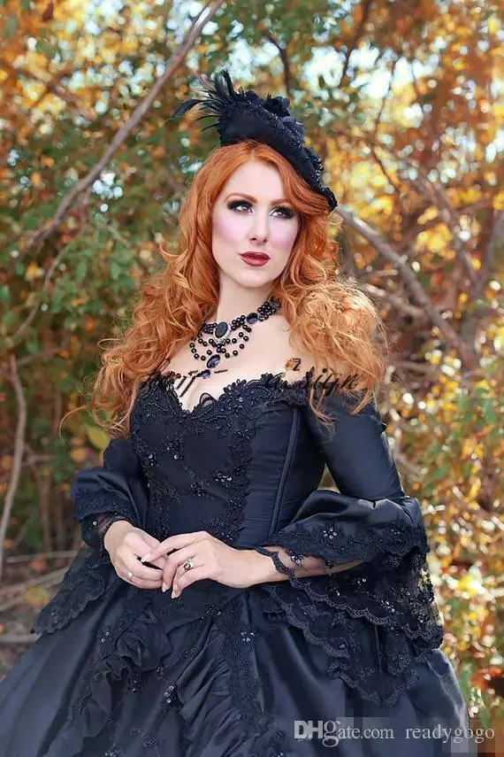 Victorian Vintage Black Dresses With Long Sleeve Retro Plus Size Off Shoulder Gothic Corset Lace Up Wedding Bridal Gown 6660311