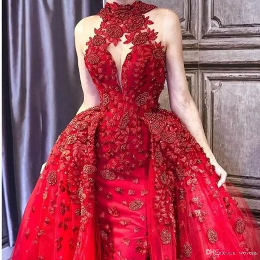Glamorous Red Detachable Train Evening Dresses High Neck Appliques Beaded Red Carpet Dress Saudi Arabic DuBai Celebrity Prom Gown