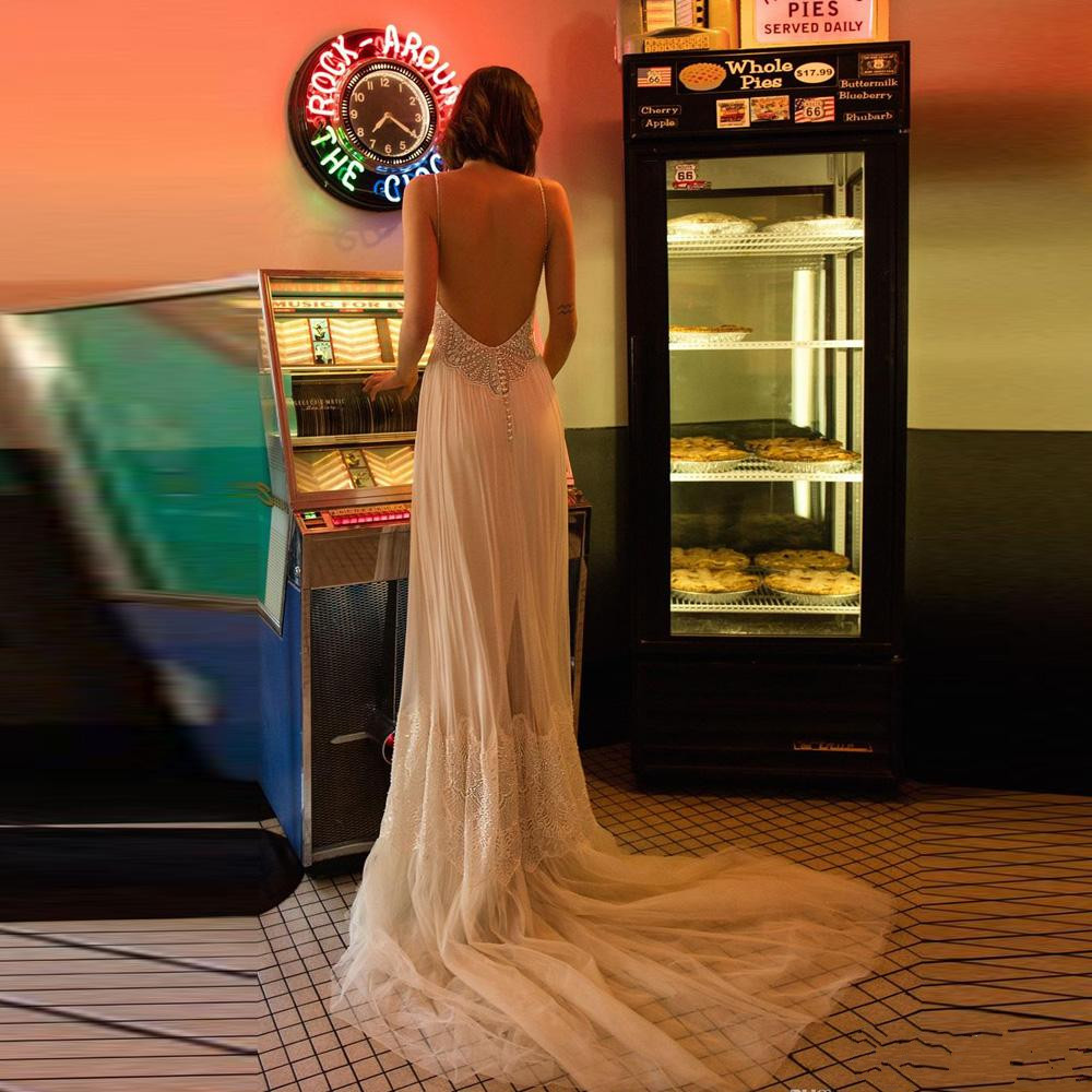 new ivory tulle beach wedding dresses spaghetti strap backless lace sequin beaded boho bridal gowns bride vestido de novia