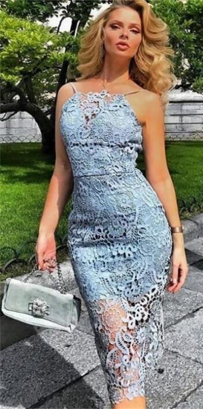 Light Blue Lace Evening Dresses Short Spaghetti Straps Sheath Tea Length Prom Dress Mini Cocktail Dresses