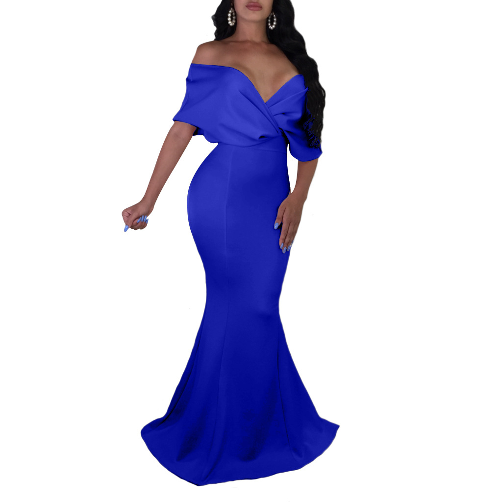 Cheap Elegant Evening Dresses In Stock Off Shoulder Ruffle Backless Stain Mermaid Prom Dress Four Colors S-XL