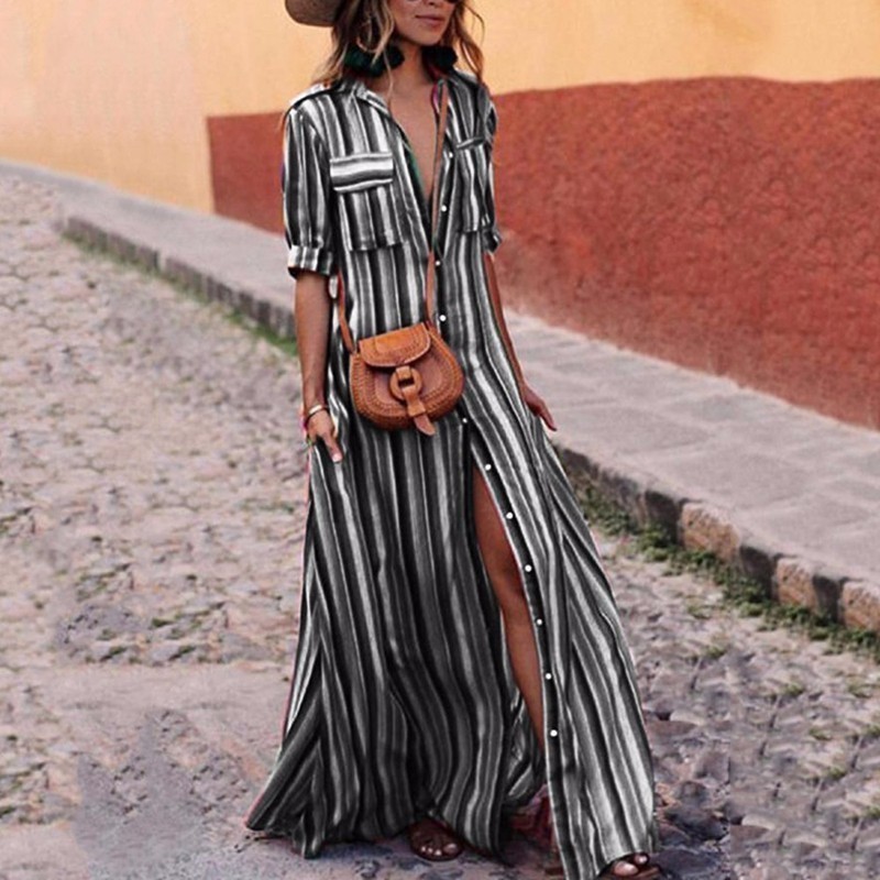 Try Everything Long Striped Dress Shirt Dresses Women Maxi Summer Plus Size Robe Femme Ete B2