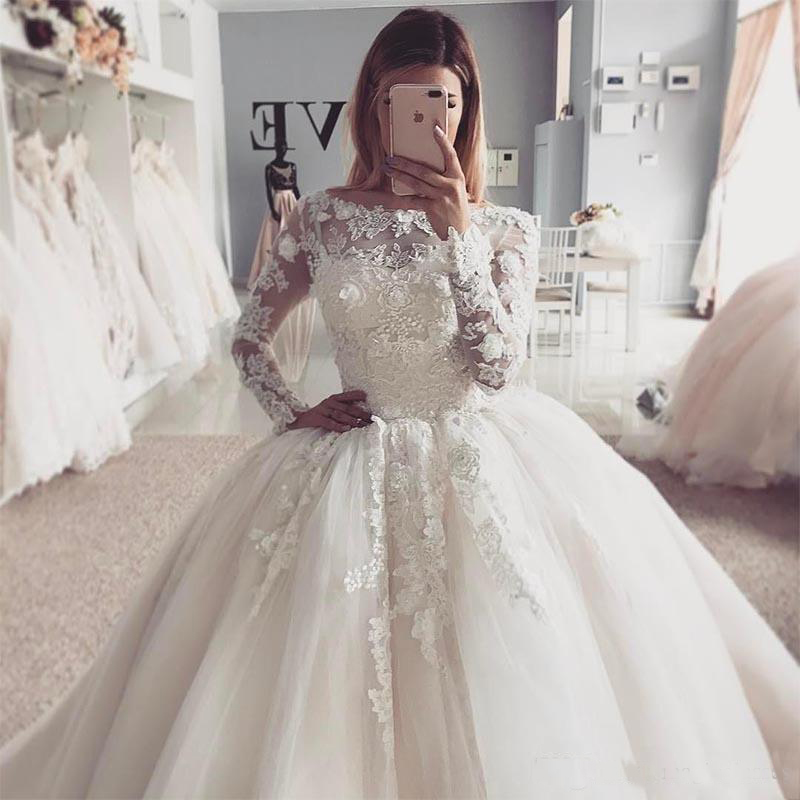 New Design Princess Ball Gown Wedding Dresses Vintage Sheer Long Sleeves Appliqued Puffy Tulle Arabic Bridal Wedding Gowns