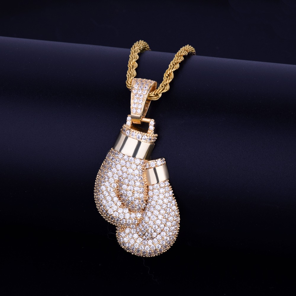 Men Bling Boxing Gloves Pendant Necklace With Rope Chain Silver Gold Color Iced Out Cubic Zircon Hip hop Jewelry