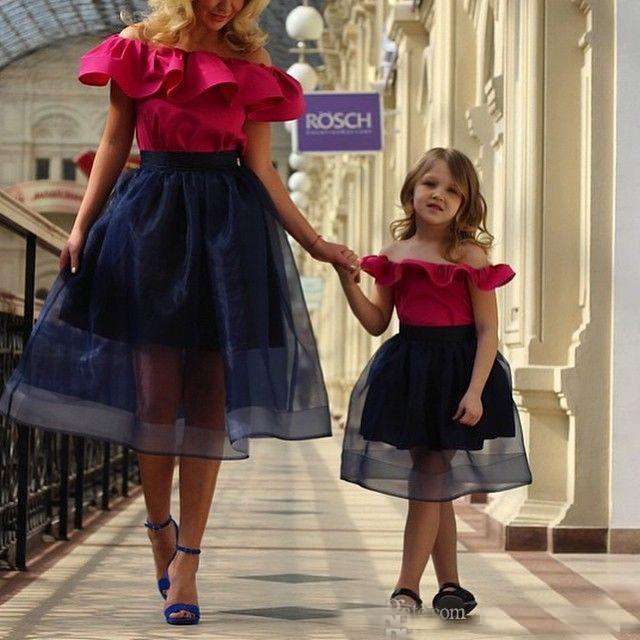 2018 Vogue Mother And Daughter Dresses Short Matching Prom Gowns Ruffles Fuchsia Top Organza Cocktail Party Dress Casual Cloth, Water melon