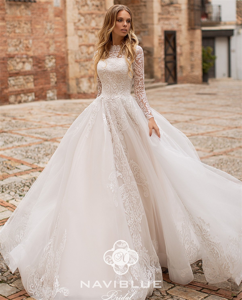 Naviblue 2019 Long Sleeves Wedding Dress Customized Lace Bateau Neck Appliques Sweep Train Bridal Gowns With High Quality
