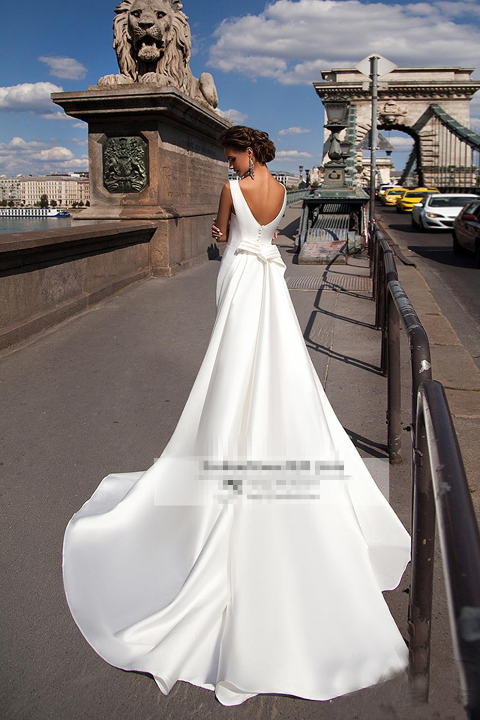 satin mermaid wedding dresses bateau boat neck sleeveless fitted long sheath with detachable train bow v back plus size bride gowns