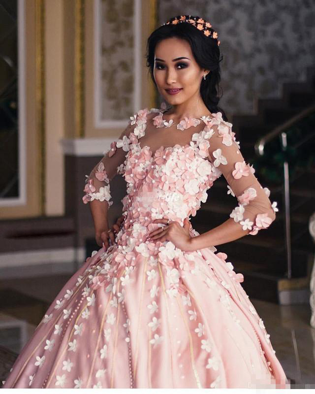 Delicate 3D Floral Colorful Wedding Dress Glamorous Pearls 3/4 Long Sleeves Sheer Jewel Neck Bridal Dress Middle-East Princess Chapel Train