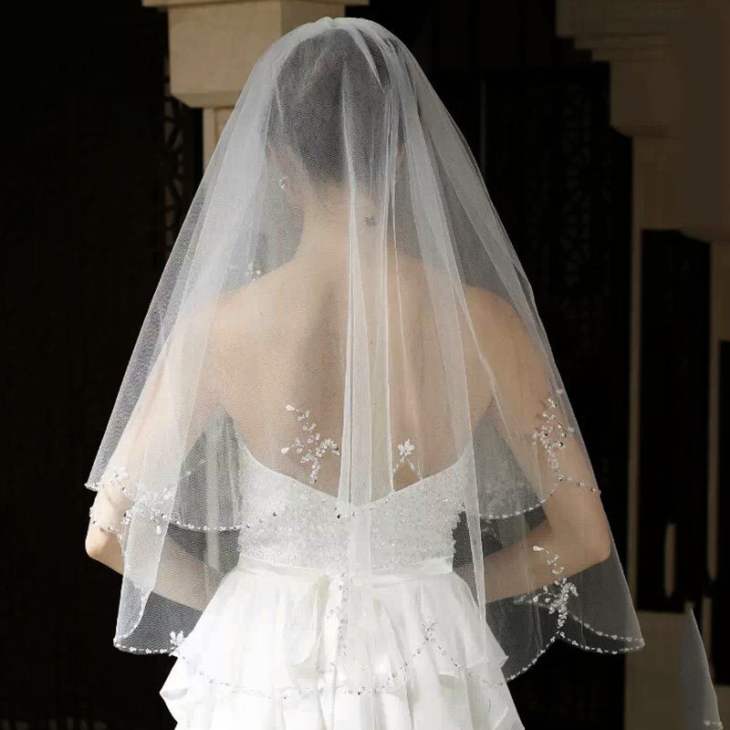 Bling Wedding Veils with Crystal for Bride two layers High Quality Soft Tulle Bridal Veil with Crystals Short Layered Bridal Vail Cheap