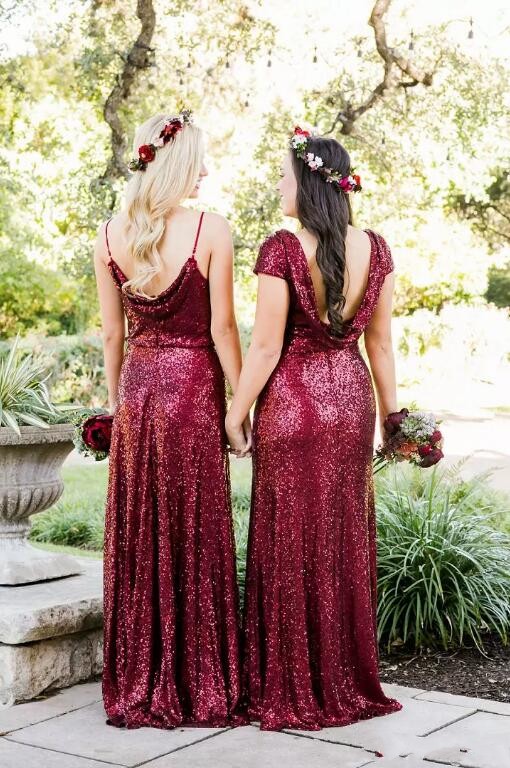 Bridesmaid Dresses 2020 Burgundy Sparkle Sequined Long Maid Of Honor Gowns Custom Made Beach Wedding Party Guest Dresses Vintage Gowns