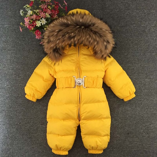 Fashion Baby Jumpsuits Boys Girls Winter Overalls Baby Rompers Duck Down Jumpsuit Hooded Real Fur Collar Children Outerwear Kids Snowsuit