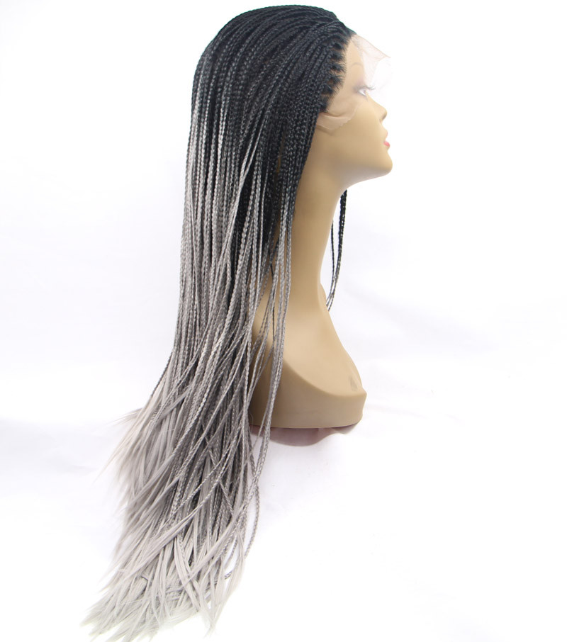 Jamaica Long Fully Hand Micro Braided Lace Front Wig ombre grey color Justice Box Braids synthetic lace front wig for black women