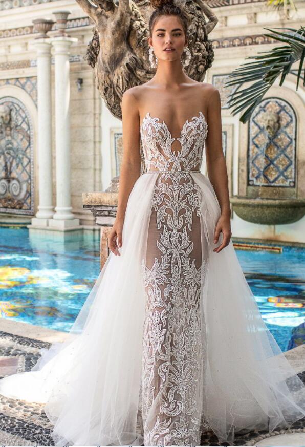 2019 Berta Lace Wedding Dresses With Detachable Train Sheer Jewel Backless Mermaid Bridal Dress Handcrafts Beaded Plus Size Wedding Gowns