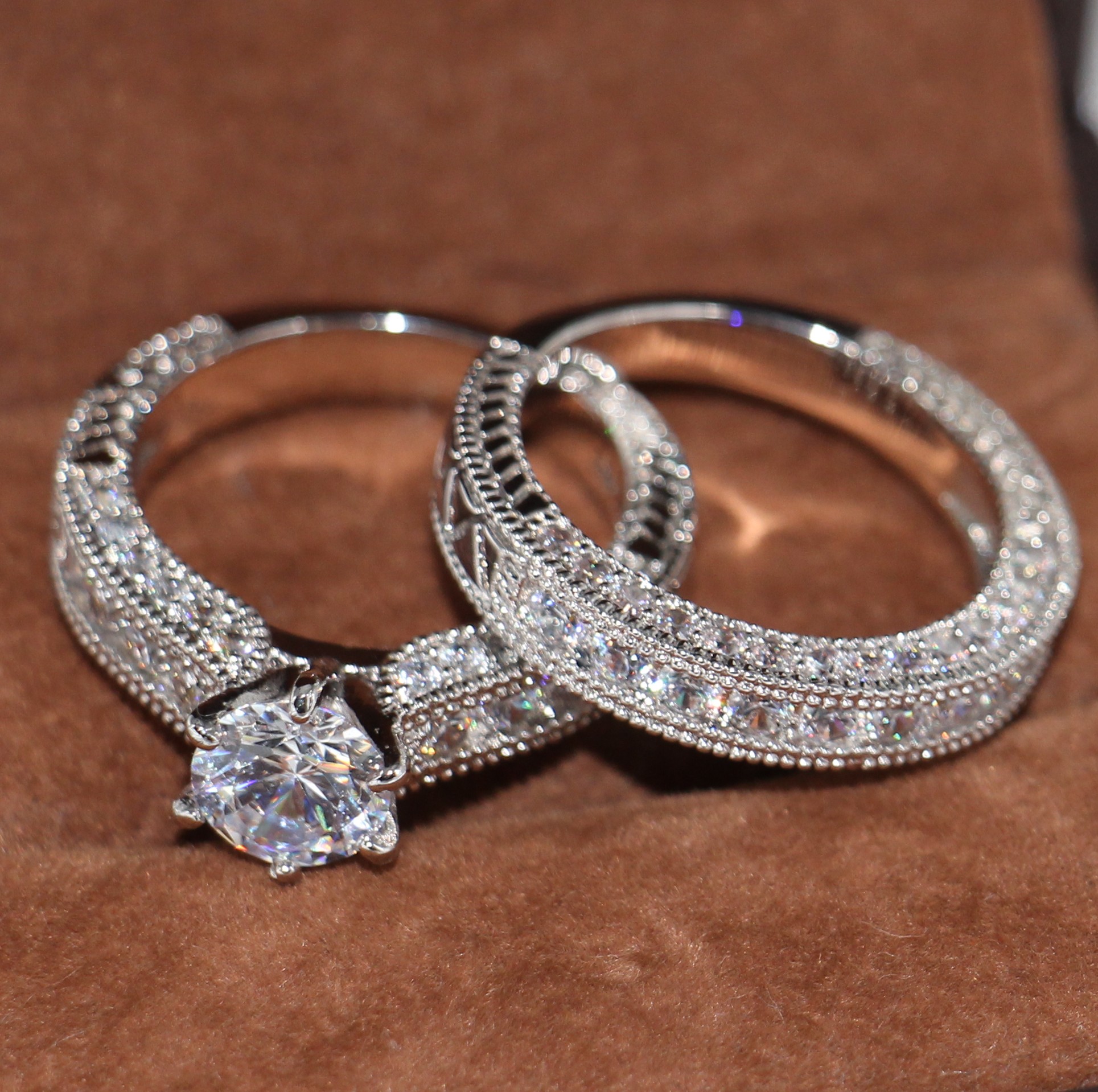 Retro Jewelry Lovers Claw Set 8mm Topaz Gem 14KT White Gold Filled 2-in-1womens Engagement Wedding Ring Set for christmas gift Sz 5-11