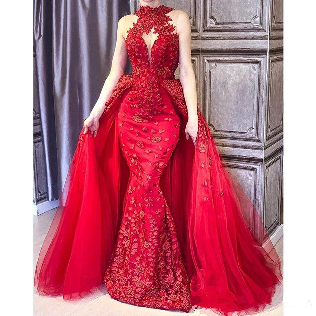 glamorous mermaid evening dress with overskirt high neck beads lace applique sleeveless prom dresses stylish arabia dubai party dress