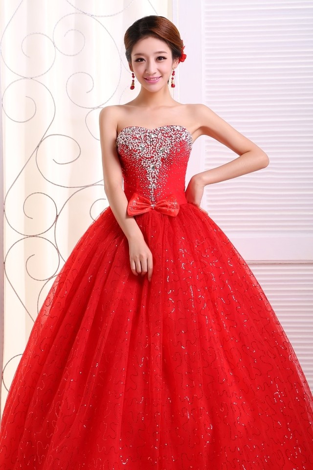 2018 New Red Strapless Wedding Dress Rhinestone Bride Wedding Gown Factory Wholesale Cheap Bride Dress Free Shipping