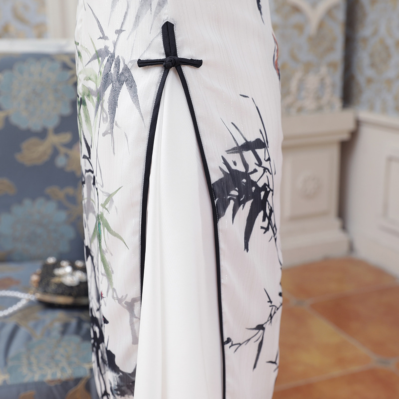 New Summer Sexy White Satin Chinese National QiPao Vietnam Ao Dai Dress Lady' s Short Sleeve Print Tight Short Dress S-2XL AD4-A