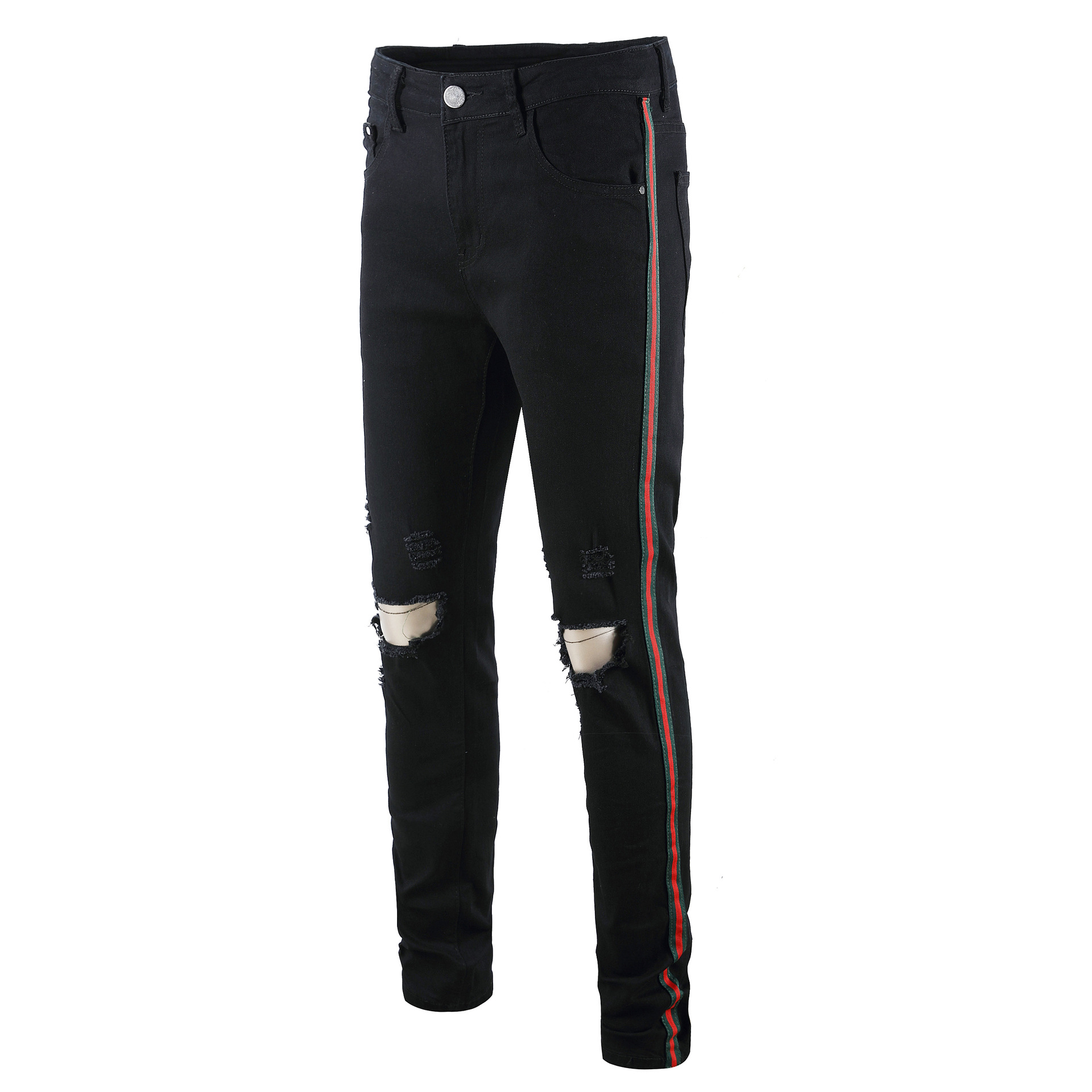 Mens Side Striped Black Jeans Elastic Long Pencil Pants Ripped Hiphop Style Holes