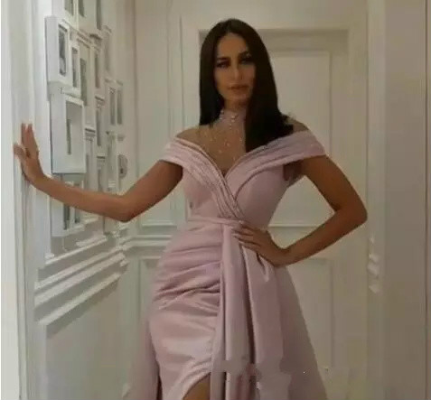 High Neck Satin Evening Dresses Zuhair Murad Sweep Train Side Split Generous Prom Dress Evening Wear Detachable Long Train Gowns