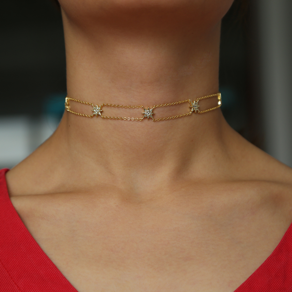 double chain starburst northstar choker necklace for women 2018 Christmas gift elegance high quality cz chocker chains