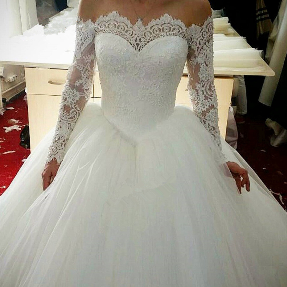 Puffy Long Sleeve Wedding Dresses Ball Gown Boat Neck Lace Bride Dress Vestido de Noiva Manga Longa Church Gowns QC1098