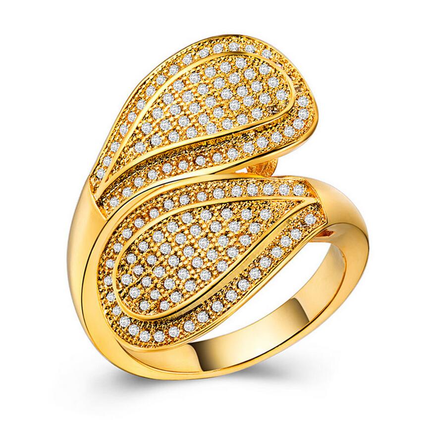 Cool Lovers' Ring for Women Sparkling Luxury Jewelry 18K Yellow Gold Filled Pave Micro White Sapphire CZ Diamond Wedding Band Leaf Ring Gift