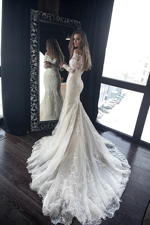 mermaid long sleeves wedding dresses lace appliques off the shoulder sexy bridal gowns court train trumpet vestidos de mariee