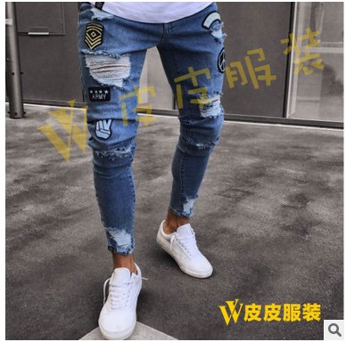 European and American jeans for men's cross border for knee broken hole, zipper, beggar pants and bursting jeans, Blue
European and American jeans for men's cross border for knee broken hole, zipper, beggar pants and bursting jeans, Blue