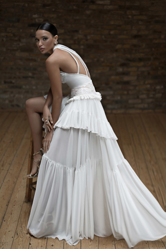 Lior Charchy Mermaid Dresses Halter Lace Sexy Backless Side Split Tiered Skirts Bohemian Wedding Dress Chiffon Beach Bridal Gowns