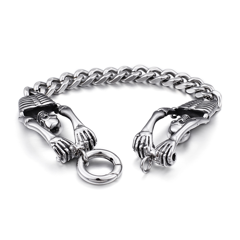 Double Skeleton Stainless Steel Bracelet Punk Men's Ancient Silver Thick Heavy Hip Hop Rock Bangle Jewelry