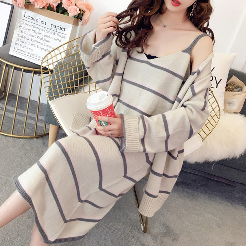 GOPLUS Two Pieces Set Autumn Woman Striped Strap Dress Suit Women 2018 New Fashion Cardigan Dress Set Knit Suit Set Female C6527 D18110503